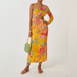 Anthropologie FARM Rio Single-Shoulder floral bird Printed Maxi Dress size S